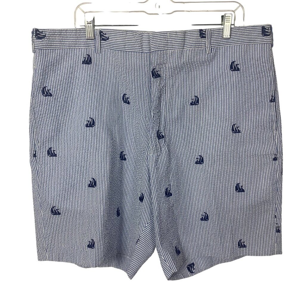 Mens Seersucker Shorts All Over Sailboat Print Size 40 Blue Cotton Nautical Golf